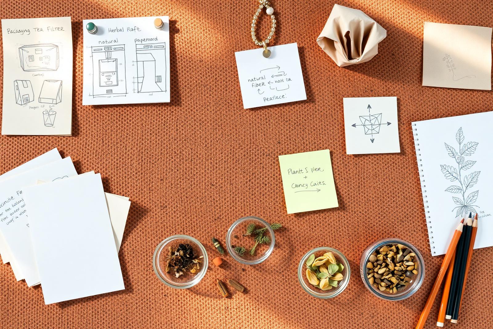 Innovation atelier with packaging sketches, herb samples and filter material swatches