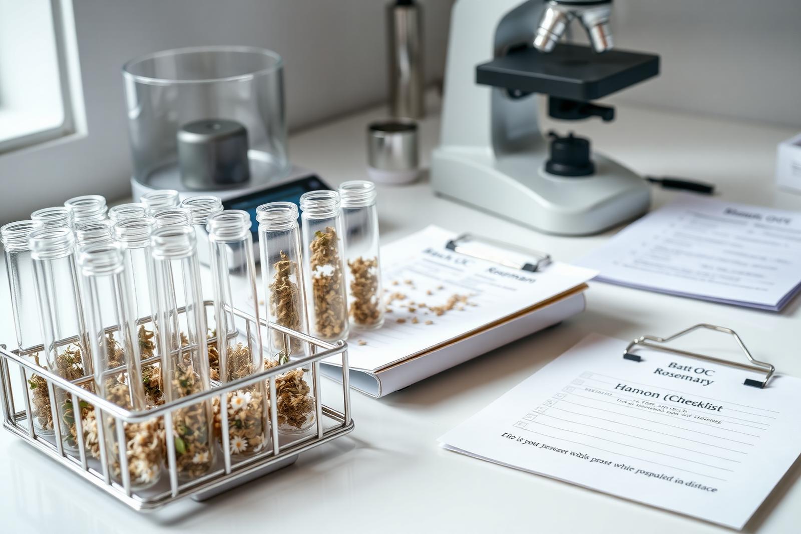 Botanical quality-control laboratory desk with sample vials and a microscope